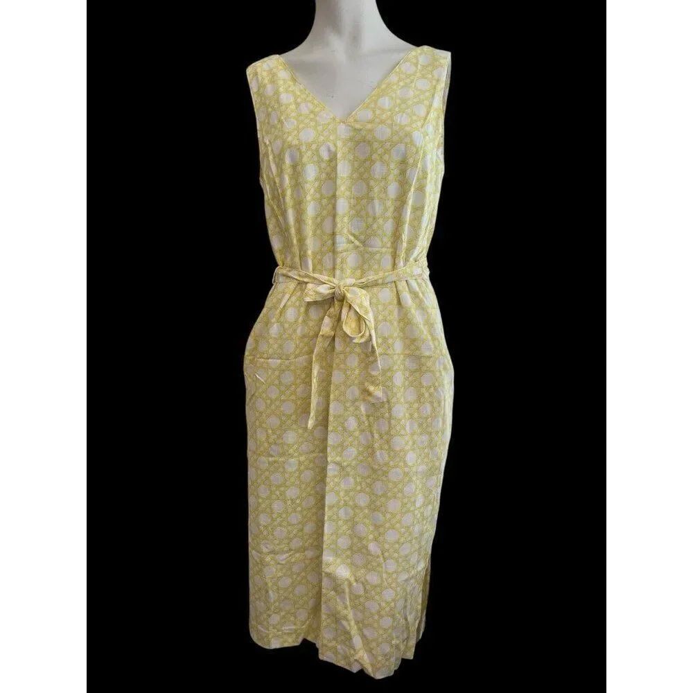 Ann Taylor Size 6 Sleeveless Belted Linen Blend Dress Yellow V Neck NWT $149
